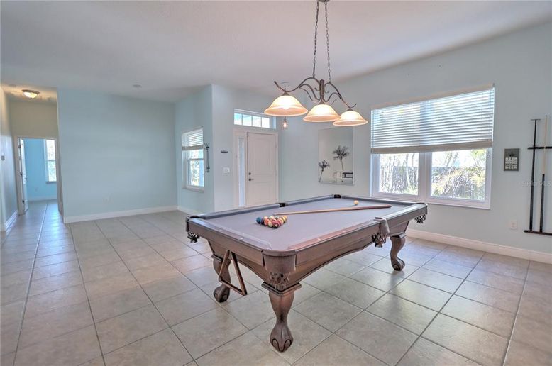 Billiard Table, Chandelier, Game Room, Interior, Pendant Lights