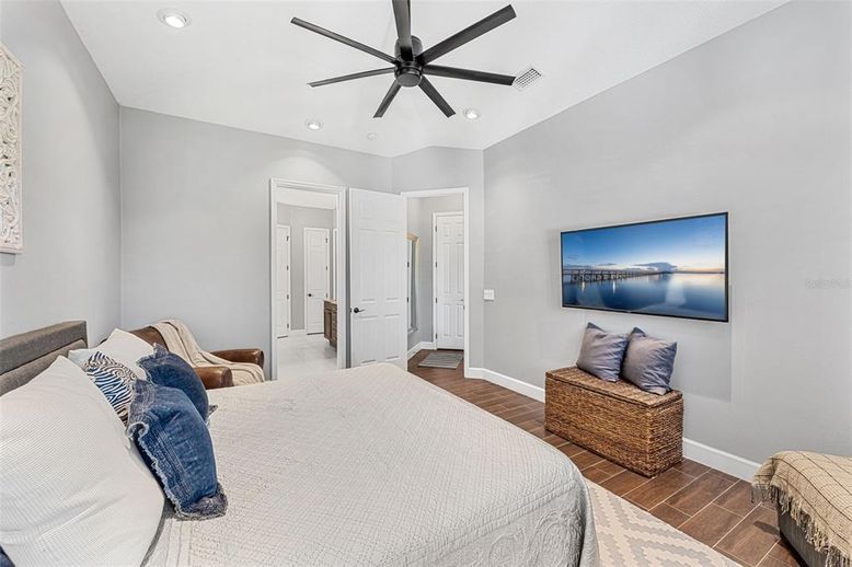 Bedroom, Interior, Recessed Lighting, Wood Texture Flooring