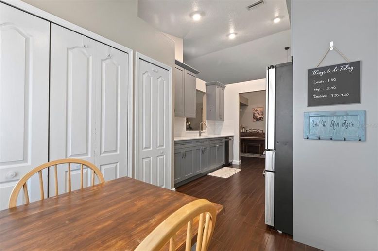 Dining room, Interior, Kitchen, Recessed Lighting, Wood Texture Flooring