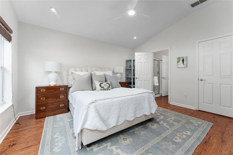 Bedroom, Interior, Recessed Lighting, Wood Texture Flooring