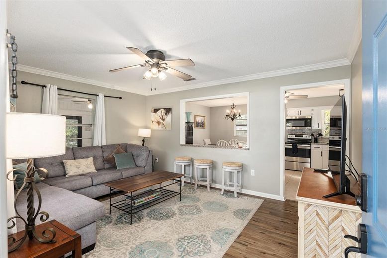 Chandelier, Interior, Kitchen, Living room, Stainless Steel Appliances, Wood Texture Flooring