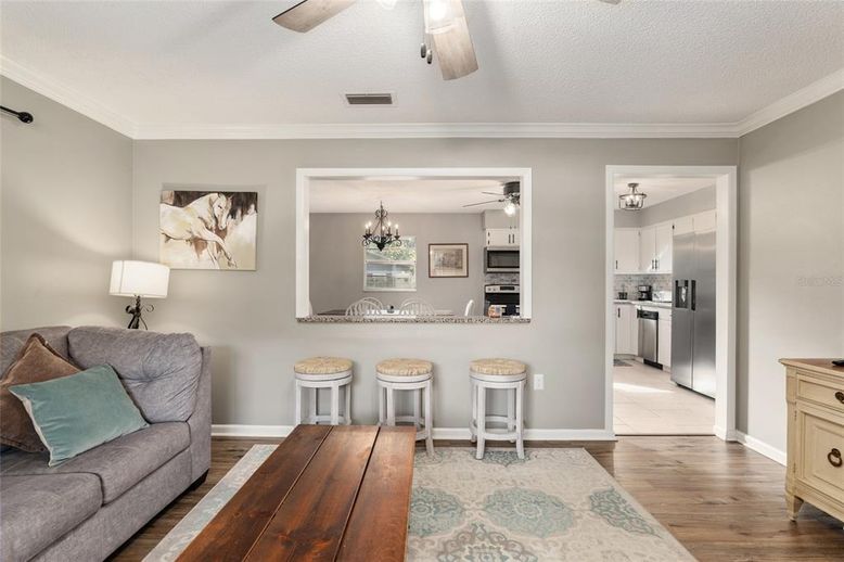 Chandelier, Interior, Kitchen, Stainless Steel Appliances, Wood Texture Flooring