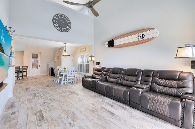 Dining room, Interior, Living room, Pendant Lights, Wood Texture Flooring
