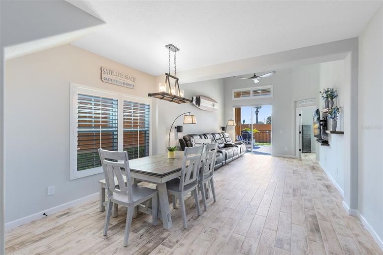 Dining room, Interior, Pendant Lights, Wood Texture Flooring