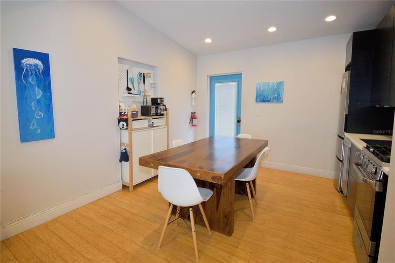 Dining room, Interior, Kitchen, Recessed Lighting, Wood Texture Flooring