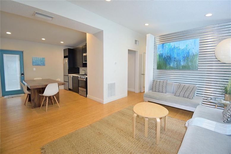Dining room, Interior, Kitchen, Living room, Recessed Lighting, Wood Texture Flooring