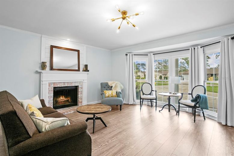 Fireplace, Interior, Living room, Pendant Lights, Wood Texture Flooring