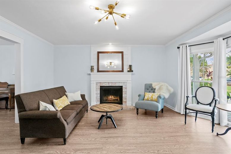 Fireplace, Interior, Living room, Pendant Lights, Wood Texture Flooring