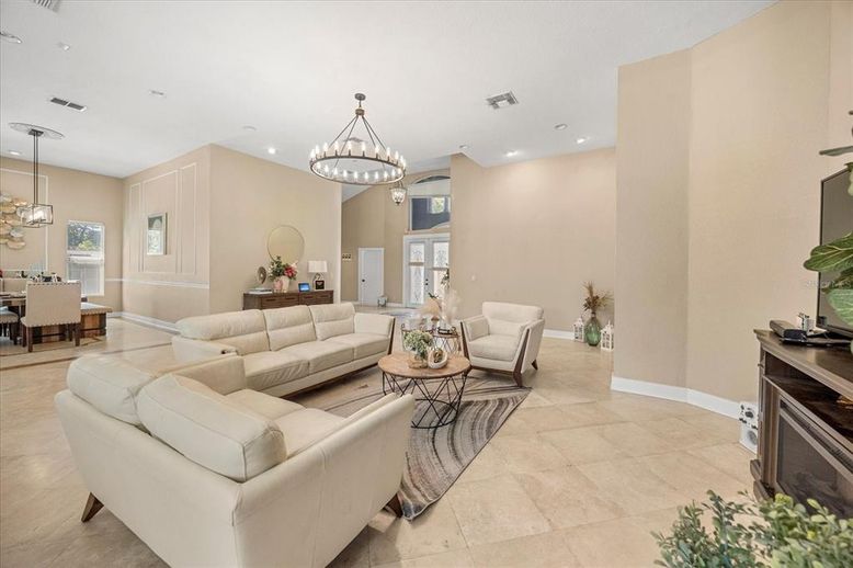 Chandelier, Dining room, Fireplace, Interior, Living room, Pendant Lights, Recessed Lighting