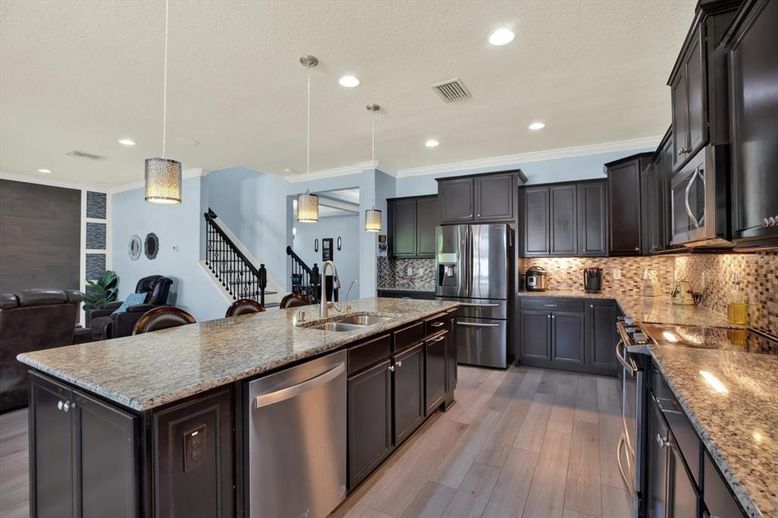 Interior, Kitchen, Pendant Lights, Recessed Lighting, Stainless Steel Appliances, Wood Texture Flooring