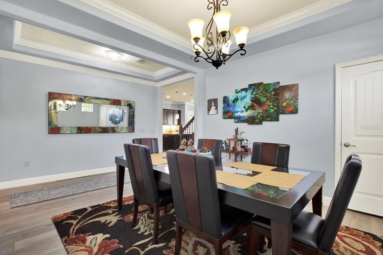 Chandelier, Dining room, Interior, Wood Texture Flooring