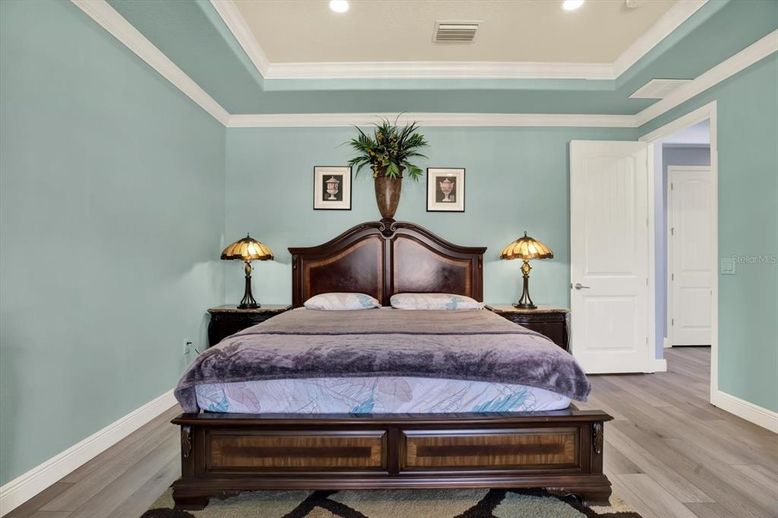 Bedroom, Interior, Recessed Lighting, Wood Texture Flooring