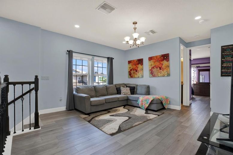 Chandelier, Interior, Living room, Recessed Lighting, Wood Texture Flooring