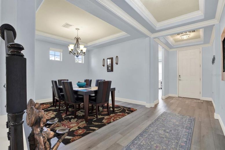Chandelier, Dining room, Interior, Wood Texture Flooring
