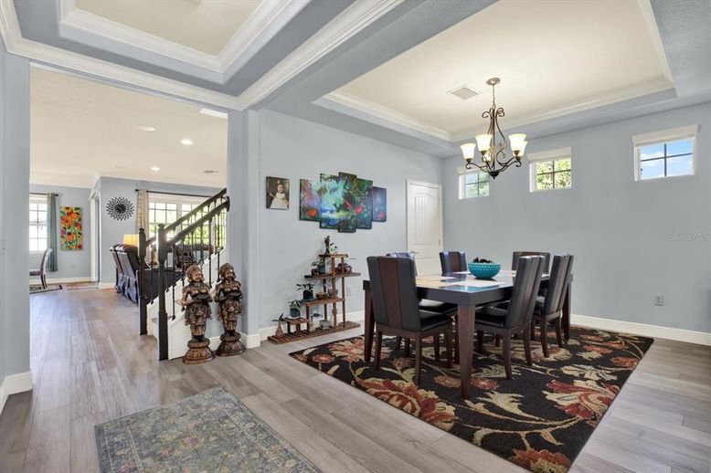 Chandelier, Dining room, Interior, Recessed Lighting, Wood Texture Flooring