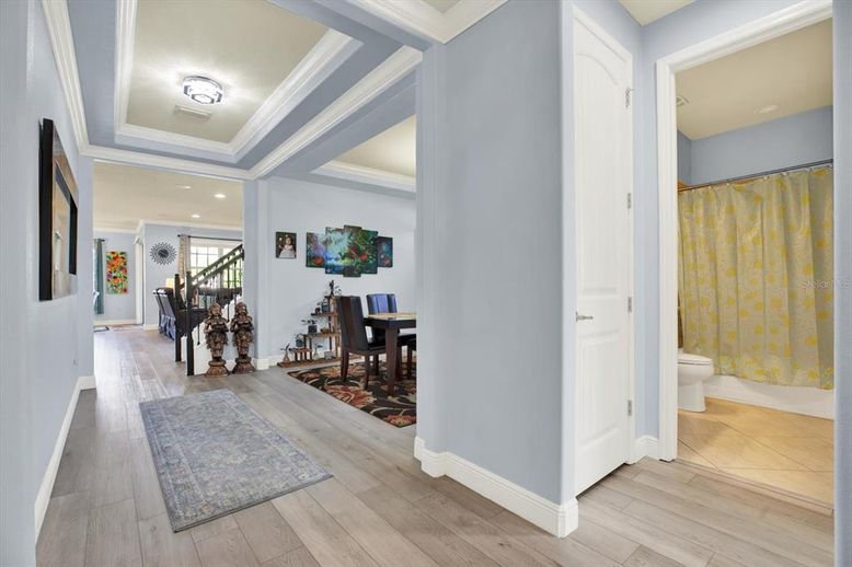 Dining room, Interior, Recessed Lighting, Wood Texture Flooring