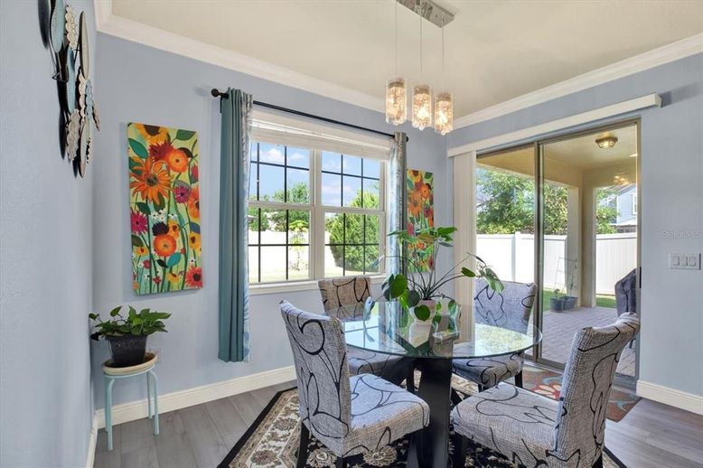 Dining room, Interior, Pendant Lights, Wood Texture Flooring