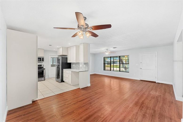 Empty room, Interior, Kitchen, Recessed Lighting, Wood Texture Flooring