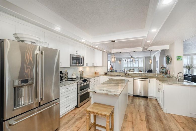 Interior, Kitchen, Pendant Lights, Recessed Lighting, Stainless Steel Appliances, Wood Texture Flooring