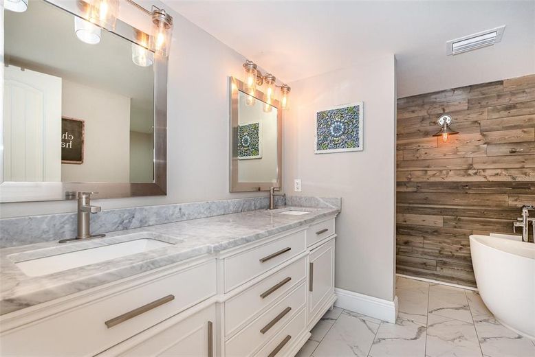 Bathroom, Dual Sink Vanities, Free Standing Baths, Interior, Marble, Wooden Walls