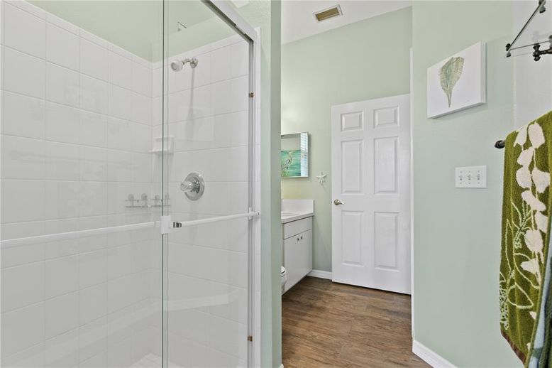 Bathroom, Glass Shower, Interior, Wood Texture Flooring
