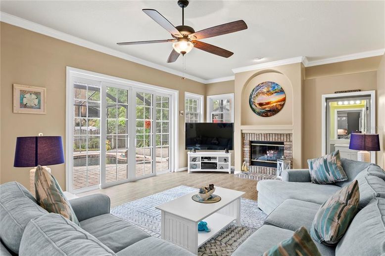 Fireplace, Interior, Living room, Recessed Lighting, Wood Texture Flooring