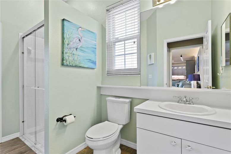 Bathroom, Glass Shower, Interior, Wood Texture Flooring