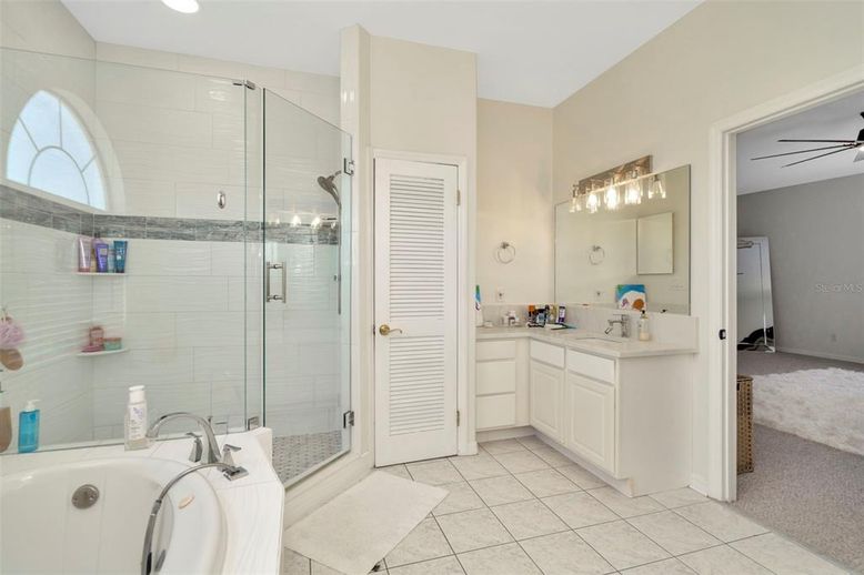 Bathroom, Dual Sink Vanities, Glass Shower, Interior, Recessed Lighting