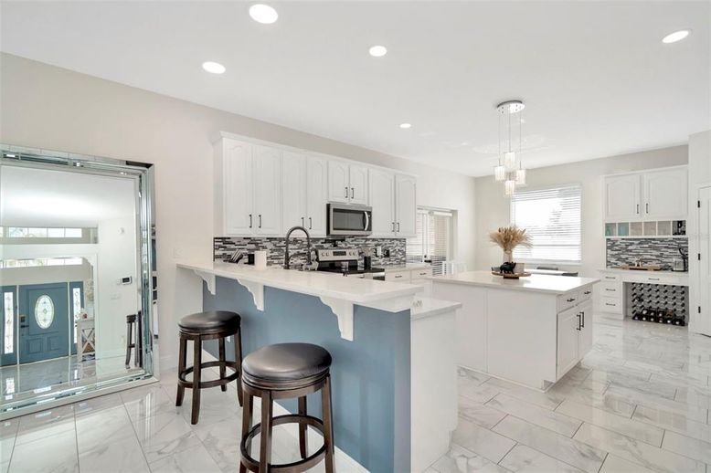 Interior, Kitchen, Marble, Pendant Lights, Recessed Lighting, Stainless Steel Appliances