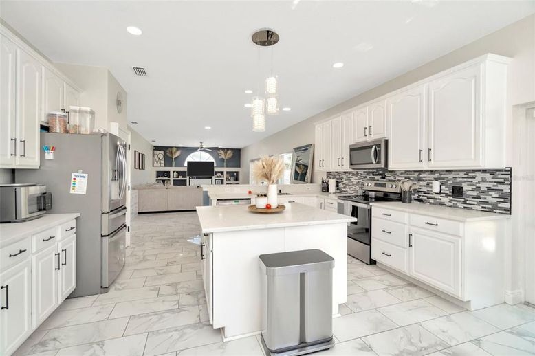 Interior, Kitchen, Marble, Pendant Lights, Recessed Lighting, Stainless Steel Appliances