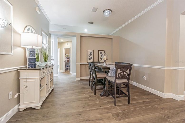 Dining room, Interior, Recessed Lighting, Wood Texture Flooring