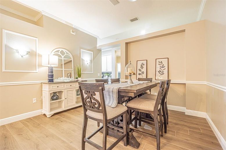 Dining room, Interior, Recessed Lighting, Wood Texture Flooring
