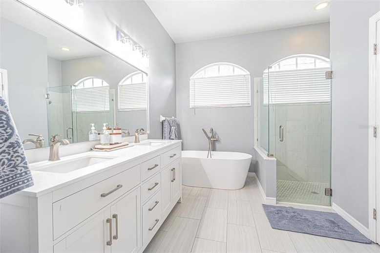 Bathroom, Dual Sink Vanities, Free Standing Baths, Glass Shower, Interior, Recessed Lighting