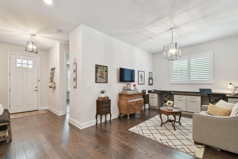 Home Office, Interior, Pendant Lights, Wood Texture Flooring
