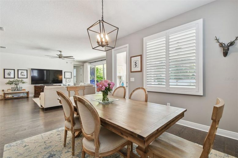 Dining room, Interior, Living room, Pendant Lights, Wood Texture Flooring