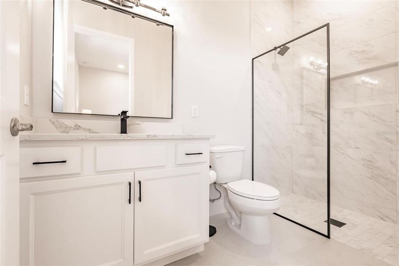 Bathroom, Glass Shower, Interior, Marble Walls, Recessed Lighting