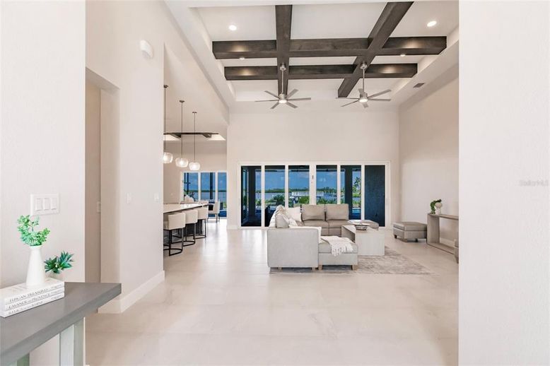 Interior, Living room, Pendant Lights, Recessed Lighting, Water, Wooden Beams