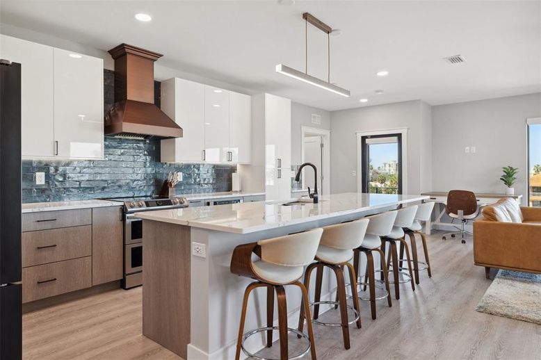 Interior, Kitchen, Pendant Lights, Recessed Lighting, Stainless Steel Appliances, Wood Texture Flooring