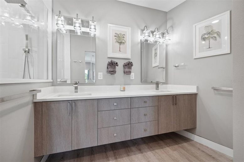 Bathroom, Dual Sink Vanities, Interior, Wood Texture Flooring