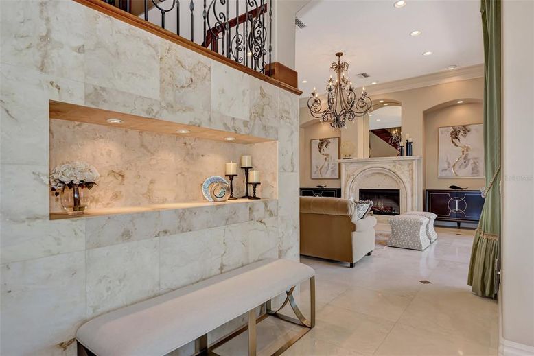 Chandelier, Fireplace, Interior, Living room, Marble Walls, Recessed Lighting