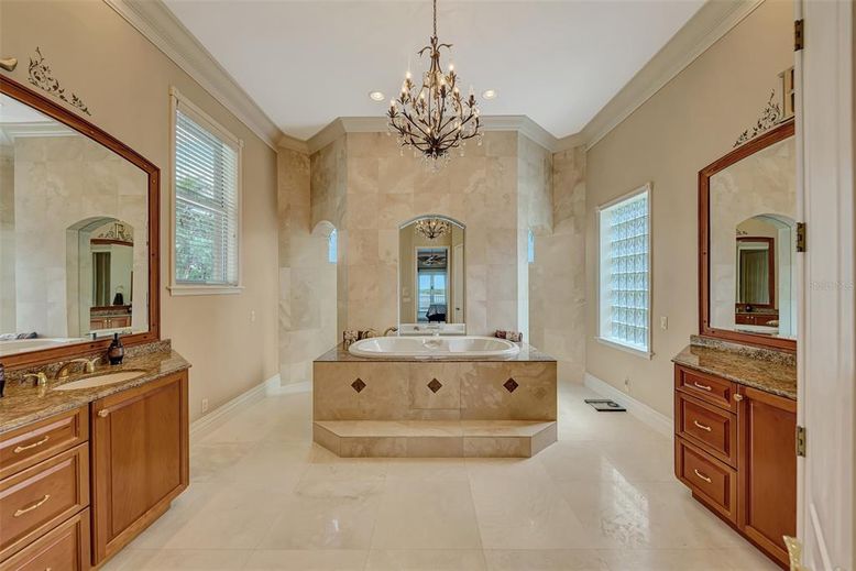 Bathroom, Chandelier, Dual Sink Vanities, Interior, Recessed Lighting