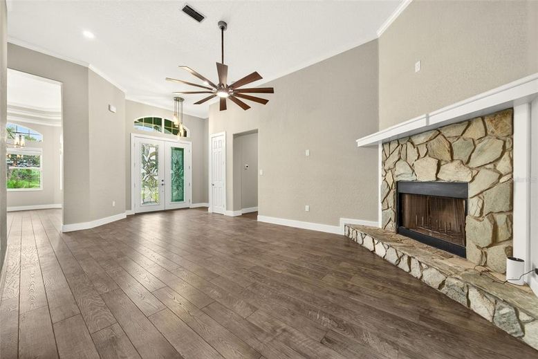 Empty room, Fireplace, Interior, Pendant Lights, Recessed Lighting, Wood Texture Flooring
