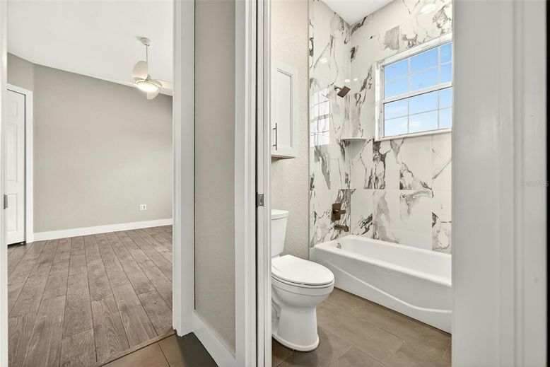 Bathroom, Interior, Marble Walls, Wood Texture Flooring