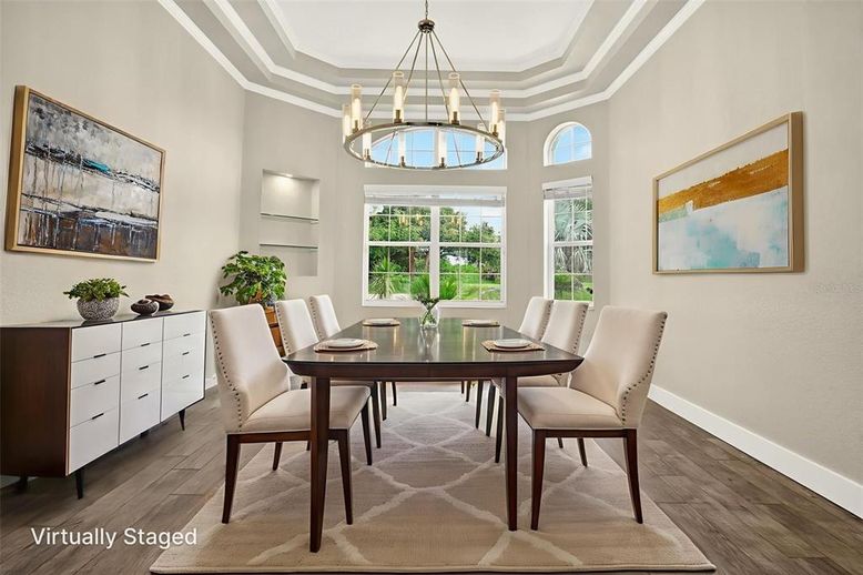 Dining room, Interior, Pendant Lights, Wood Texture Flooring