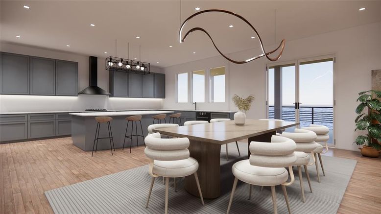 Dining room, Interior, Kitchen, Pendant Lights, Recessed Lighting, Wood Texture Flooring