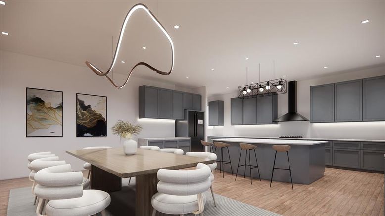 Dining room, Interior, Kitchen, Pendant Lights, Recessed Lighting, Stainless Steel Appliances, Wood Texture Flooring