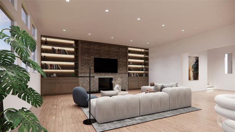 Interior, Living room, Recessed Lighting, Stone Walls, Wood Texture Flooring
