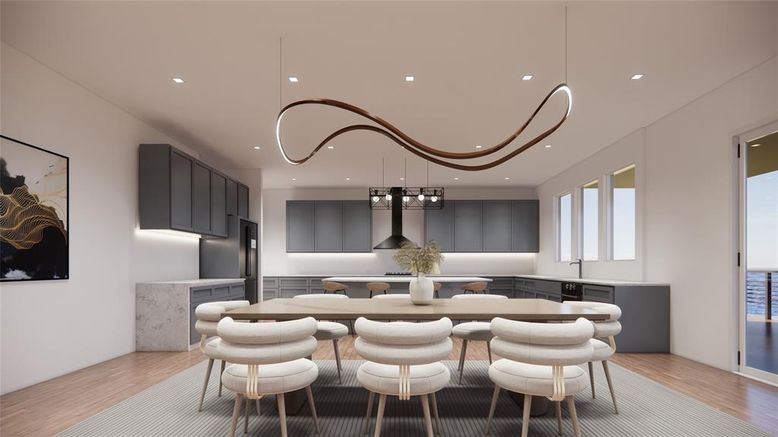 Dining room, Interior, Kitchen, Pendant Lights, Recessed Lighting, Stainless Steel Appliances, Wood Texture Flooring
