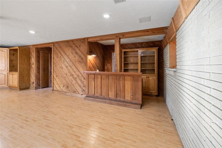 Empty room, Interior, Recessed Lighting, Stone Walls, Wood Texture Flooring, Wooden Walls