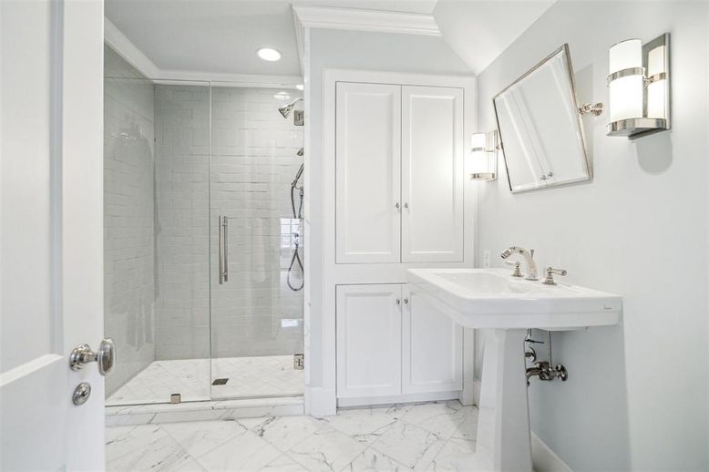 Bathroom, Glass Shower, Interior, Marble, Recessed Lighting
